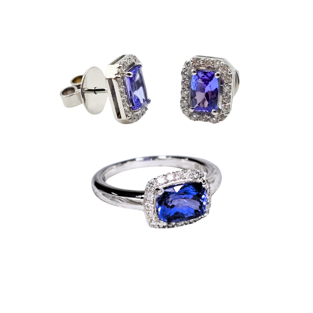 Earring and Ring Set in 18k White Gold, Tanzanites and Diamonds