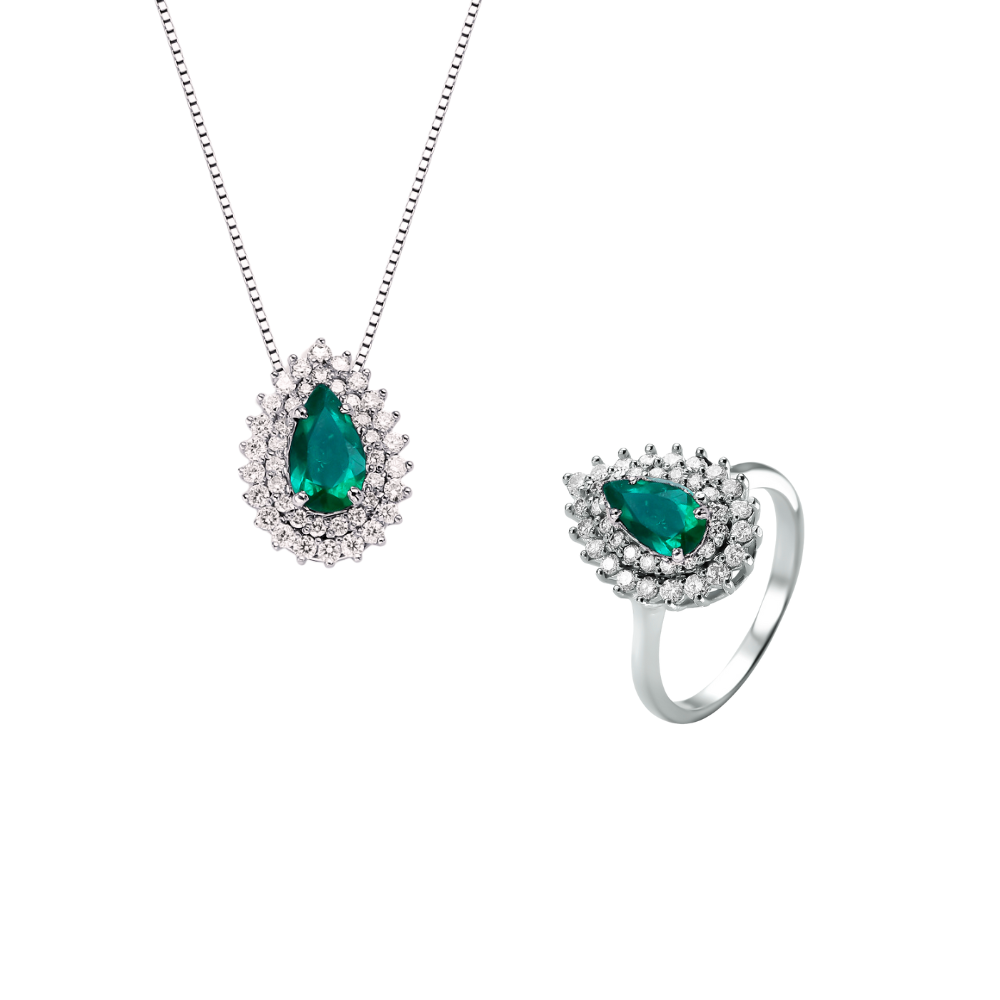 Fine 18k White Gold Set of Ring and Necklace with Pendant of Beautiful Natural Drop-cut Emeralds Surrounded by Diamonds